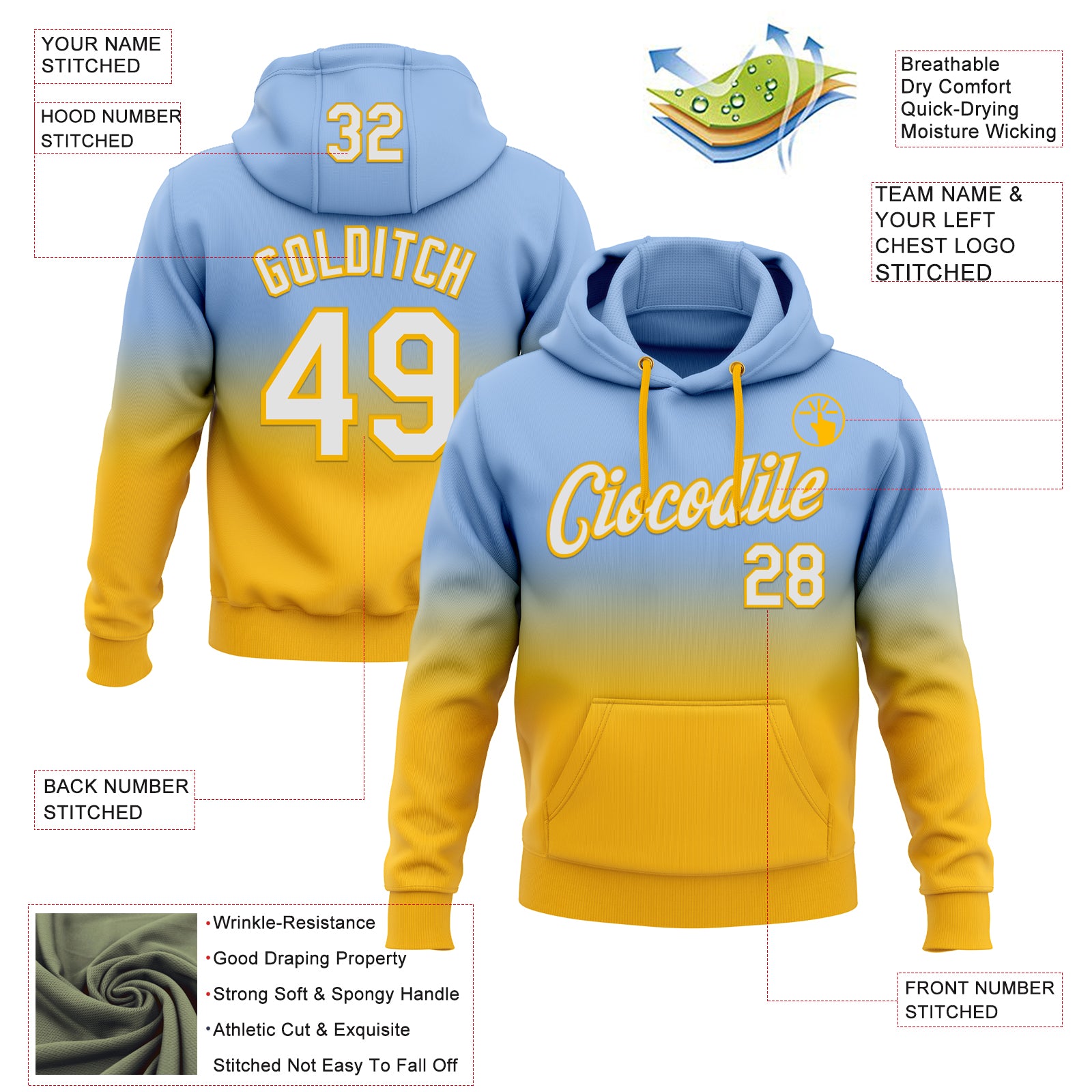 Custom Stitched Light Blue White-Gold Fade Fashion Sports Pullover Sweatshirt Hoodie