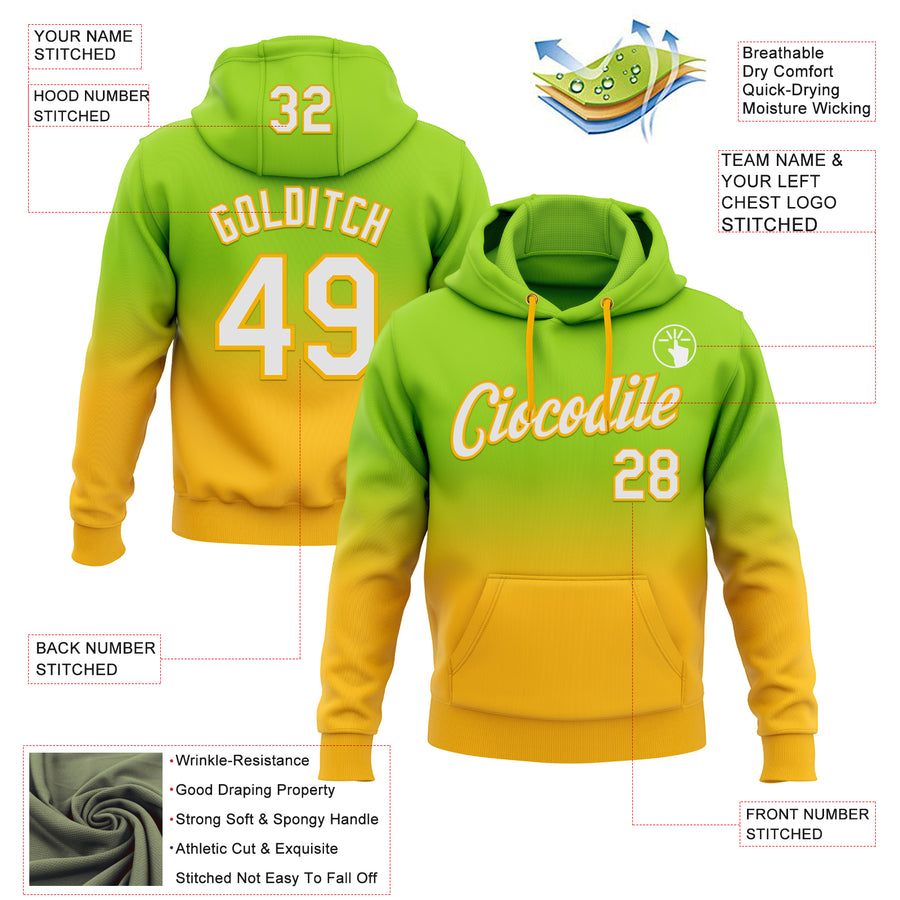 Custom Stitched Neon Green White-Gold Fade Fashion Sports Pullover Sweatshirt Hoodie