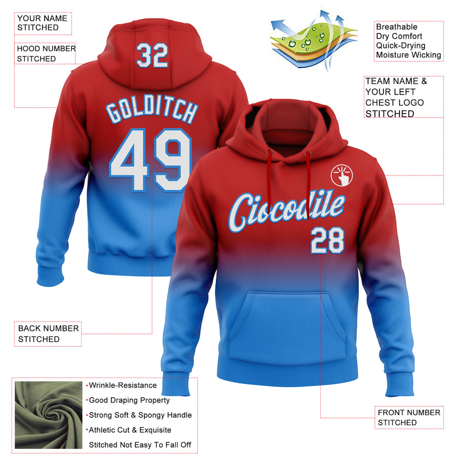 Custom Stitched Red White-Powder Blue Fade Fashion Sports Pullover Sweatshirt Hoodie