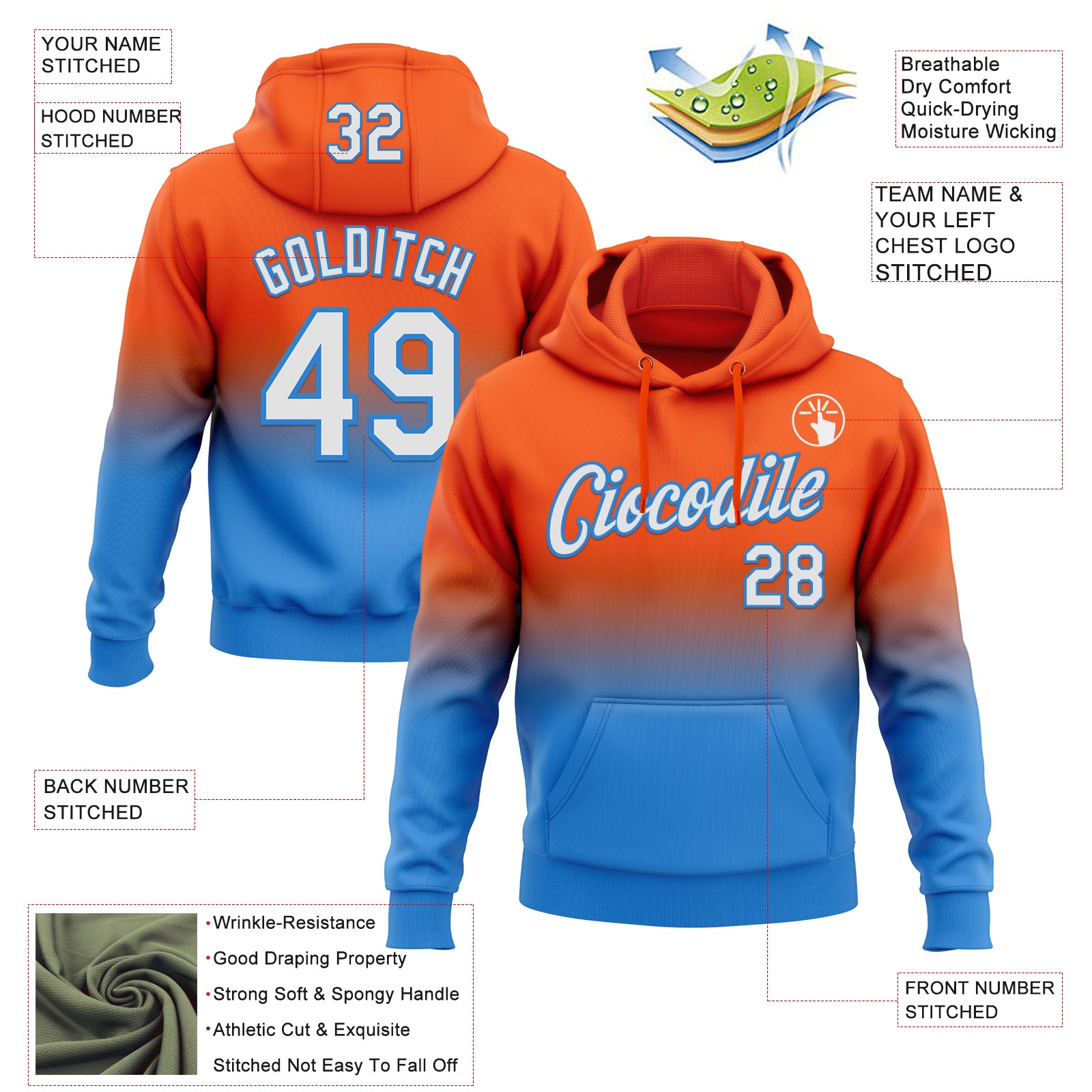 Custom Stitched Orange White-Powder Blue Fade Fashion Sports Pullover Sweatshirt Hoodie