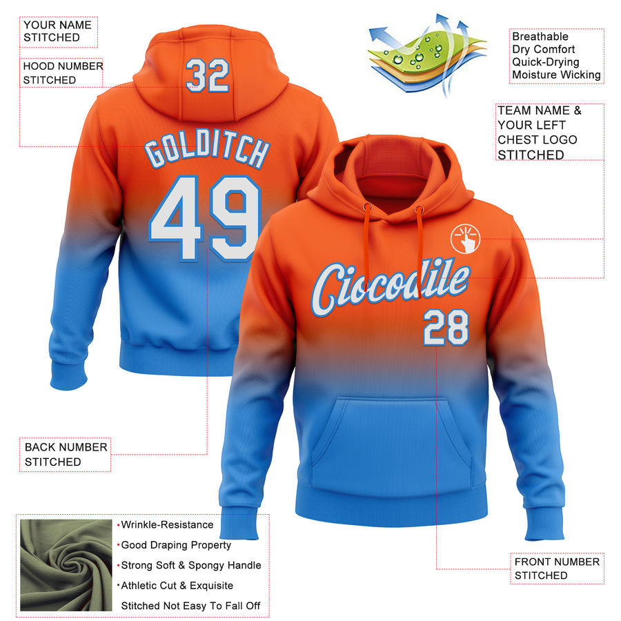 Custom Stitched Orange White-Powder Blue Fade Fashion Sports Pullover Sweatshirt Hoodie