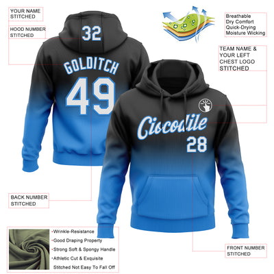 Custom Stitched Black White-Powder Blue Fade Fashion Sports Pullover Sweatshirt Hoodie
