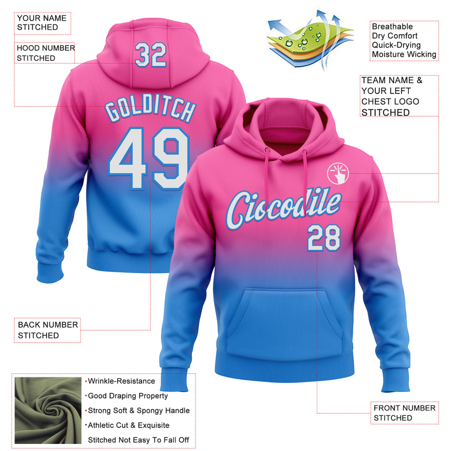 Custom Stitched Pink White-Powder Blue Fade Fashion Sports Pullover Sweatshirt Hoodie