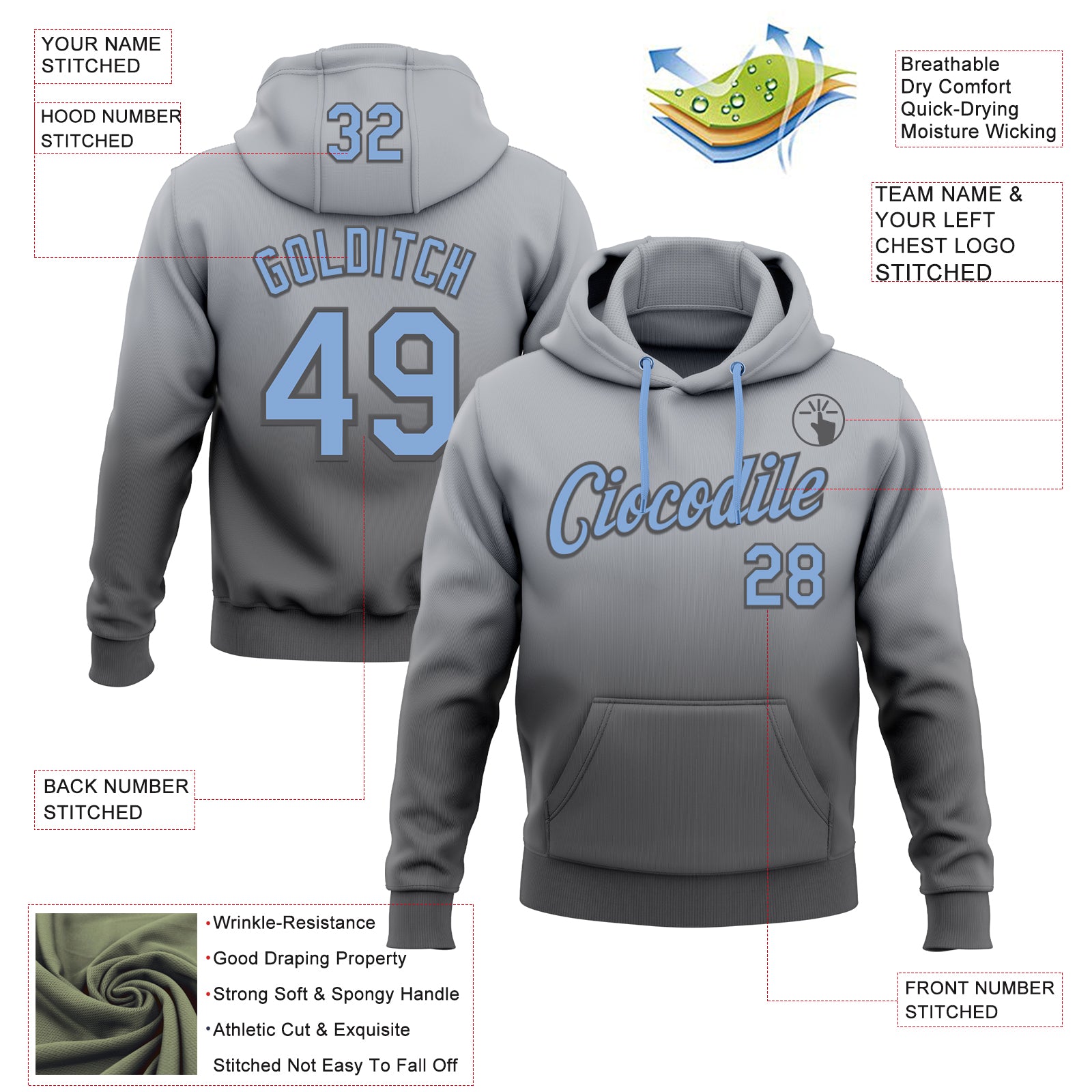 Custom Stitched Gray Light Blue-Steel Gray Fade Fashion Sports Pullover Sweatshirt Hoodie