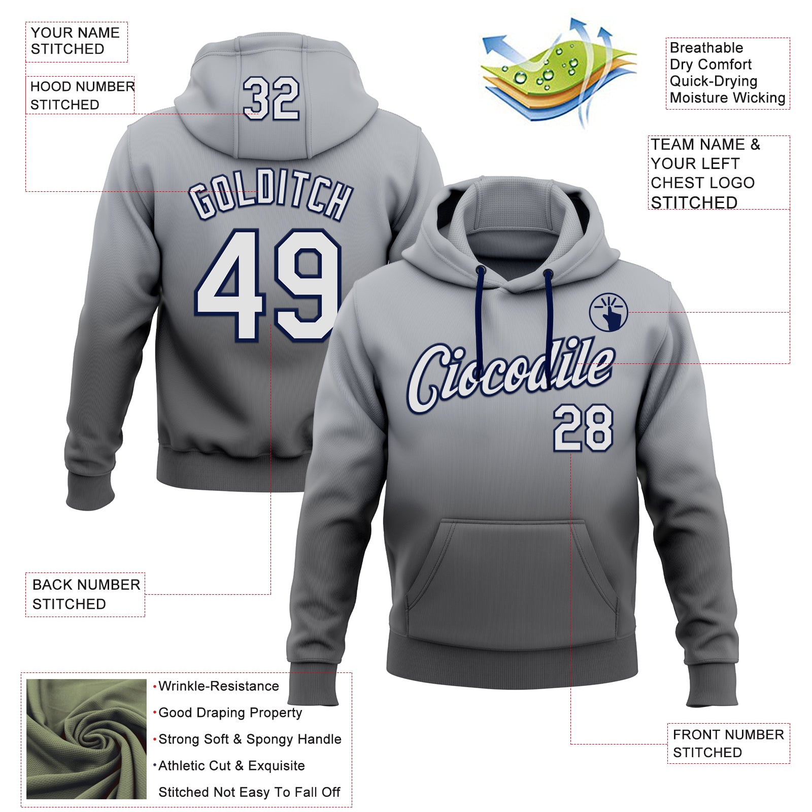 Custom Stitched Gray White Steel Gray-Navy Fade Fashion Sports Pullover Sweatshirt Hoodie