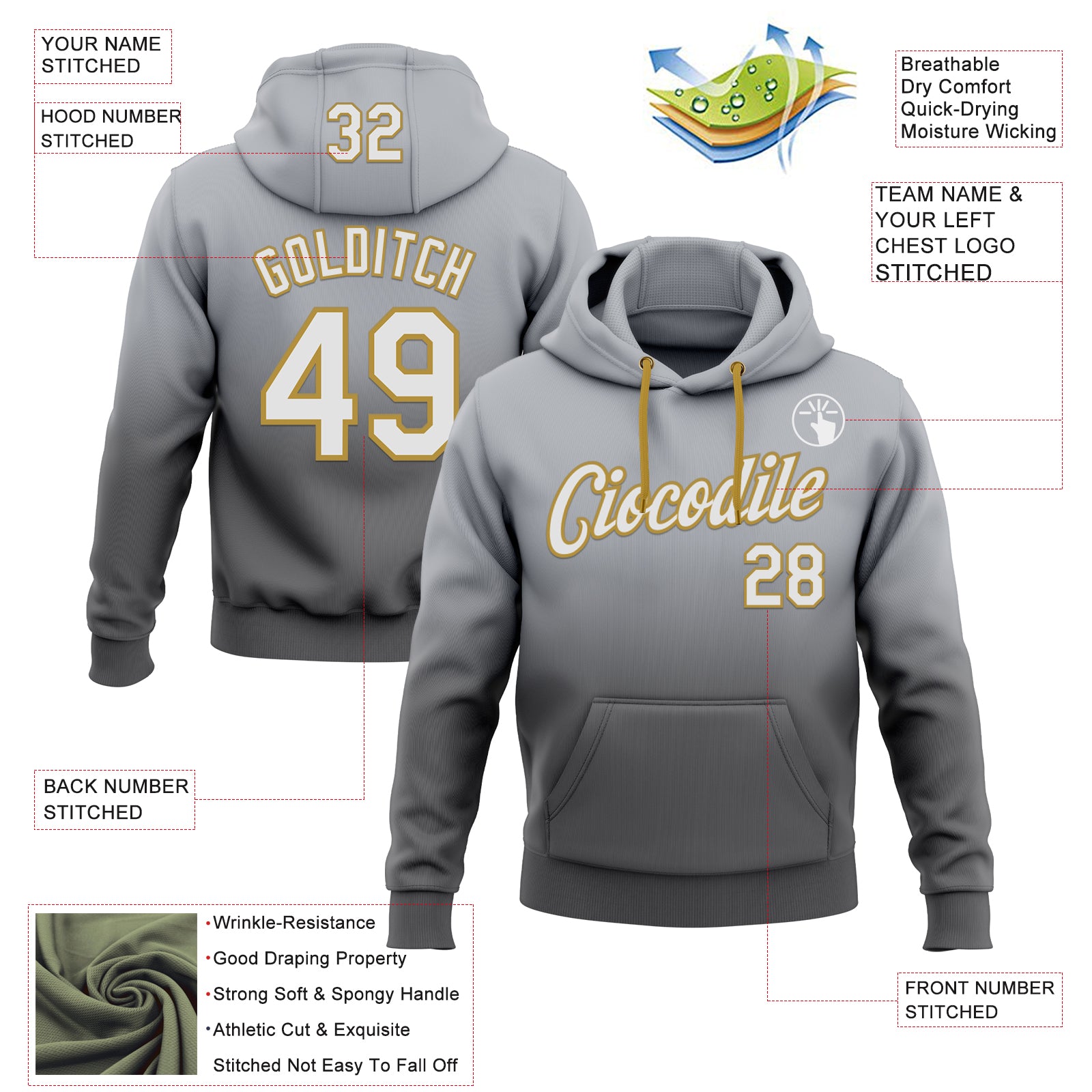 Custom Stitched Gray White Steel Gray-Old Gold Fade Fashion Sports Pullover Sweatshirt Hoodie
