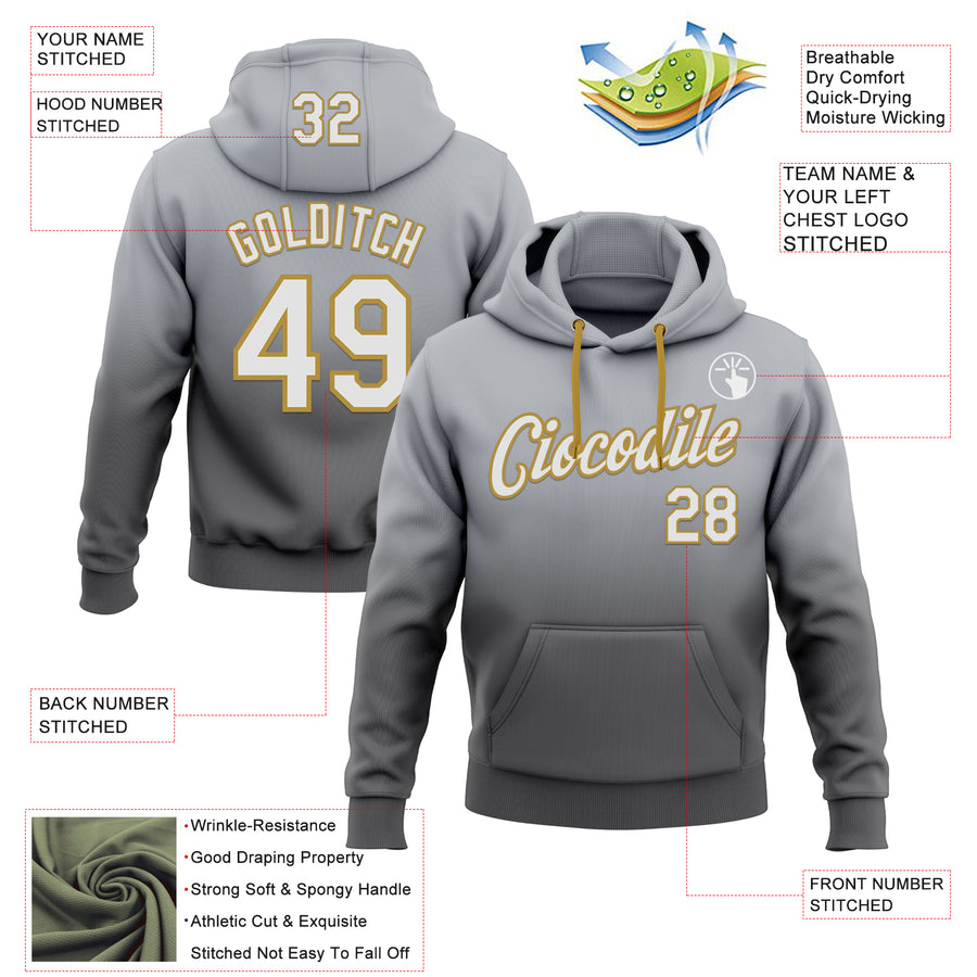 Custom Stitched Gray White Steel Gray-Old Gold Fade Fashion Sports Pullover Sweatshirt Hoodie