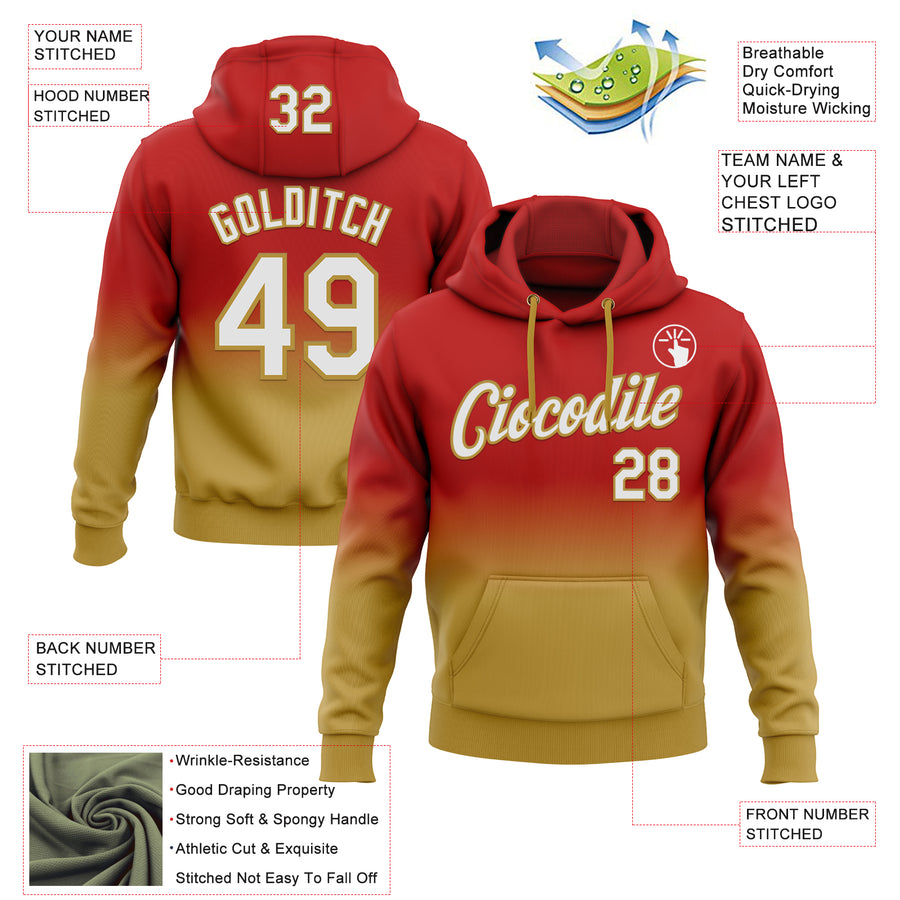 Custom Stitched Red White-Old Gold Fade Fashion Sports Pullover Sweatshirt Hoodie