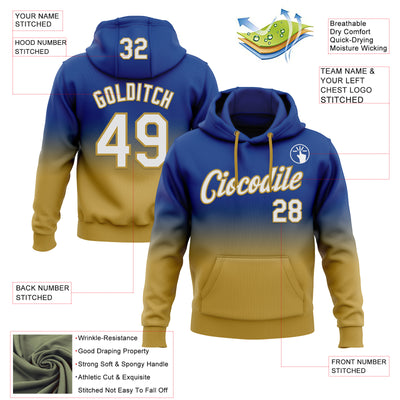 Custom Stitched Royal White-Old Gold Fade Fashion Sports Pullover Sweatshirt Hoodie