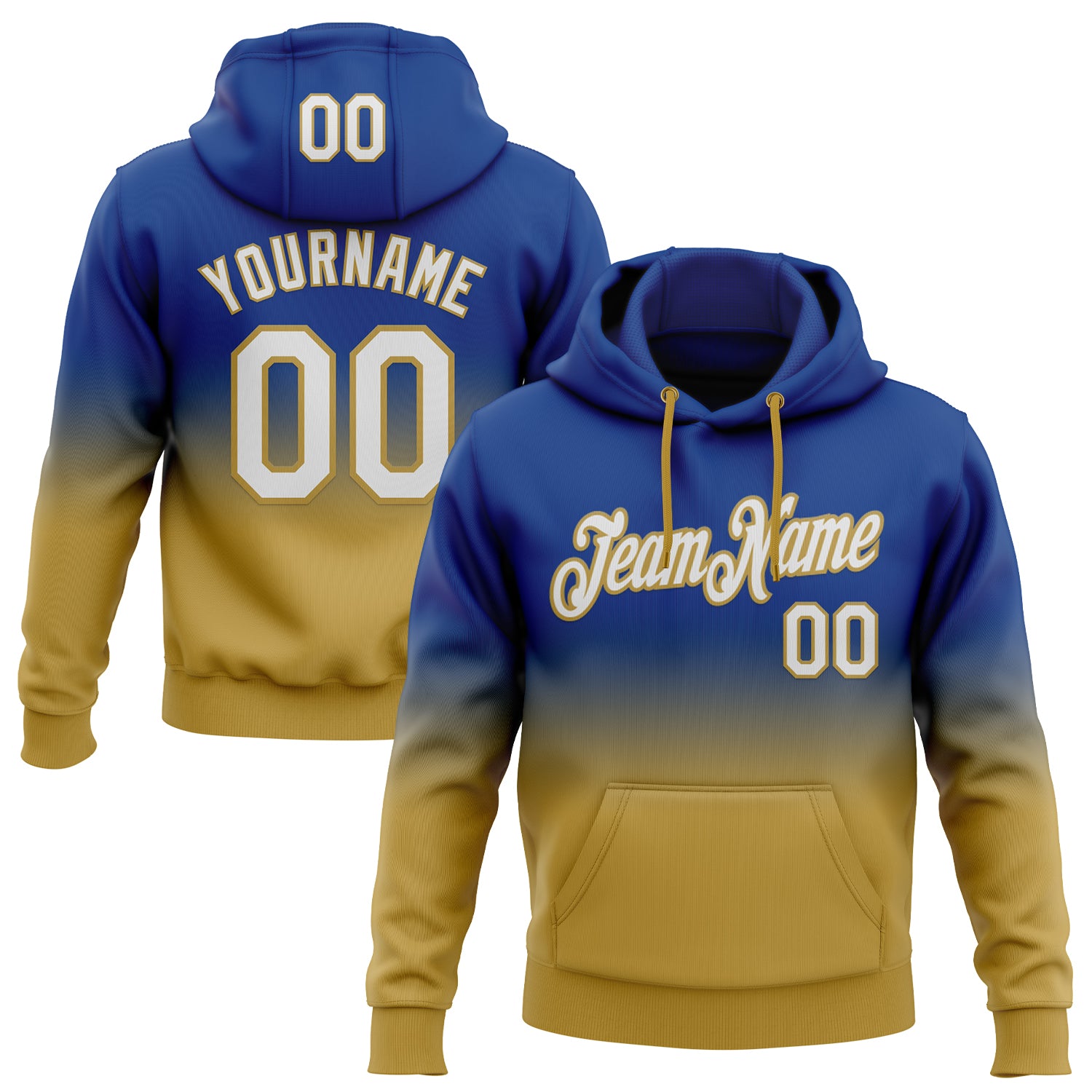 Custom Stitched Royal White-Old Gold Fade Fashion Sports Pullover Sweatshirt Hoodie