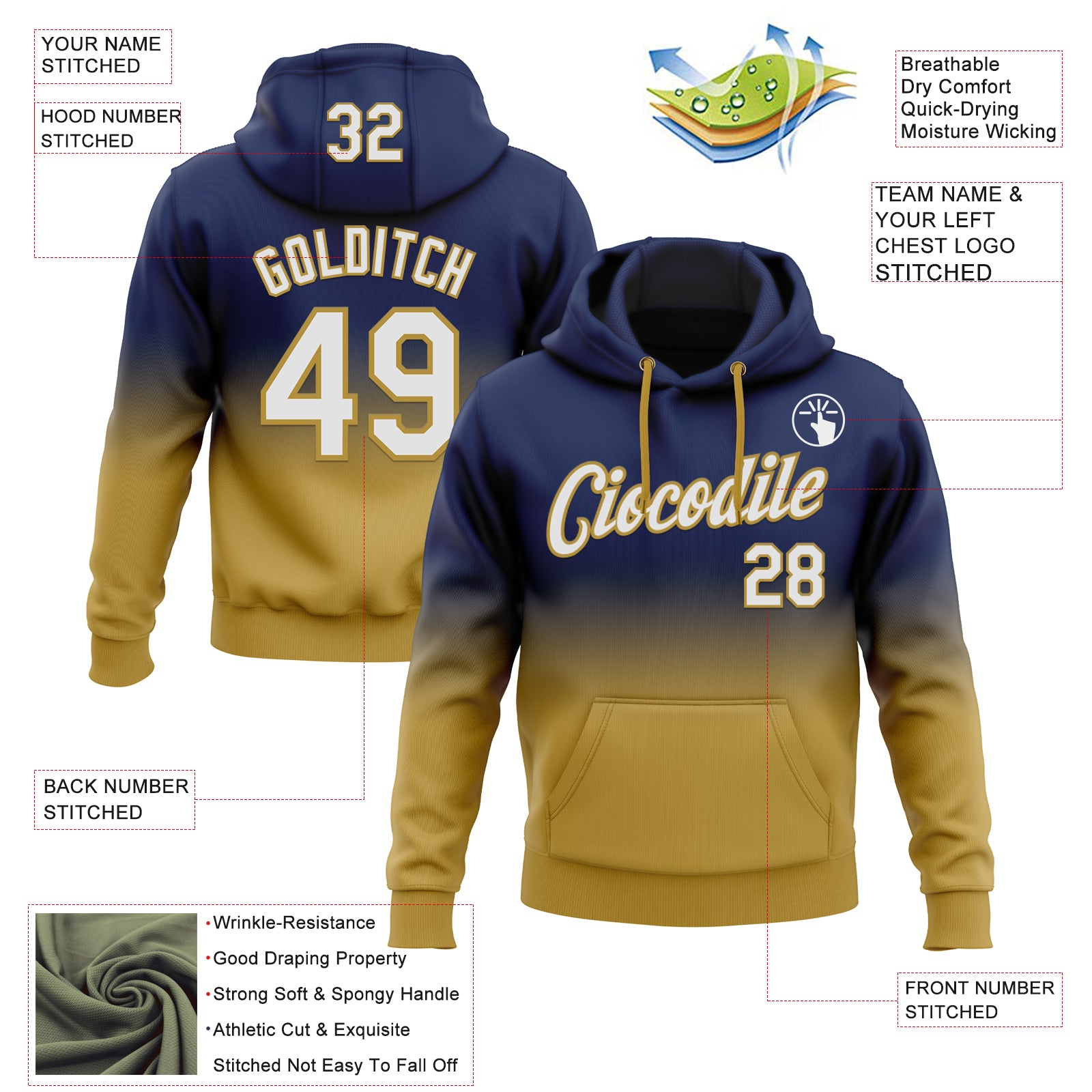 Custom Stitched Navy White-Old Gold Fade Fashion Sports Pullover Sweatshirt Hoodie