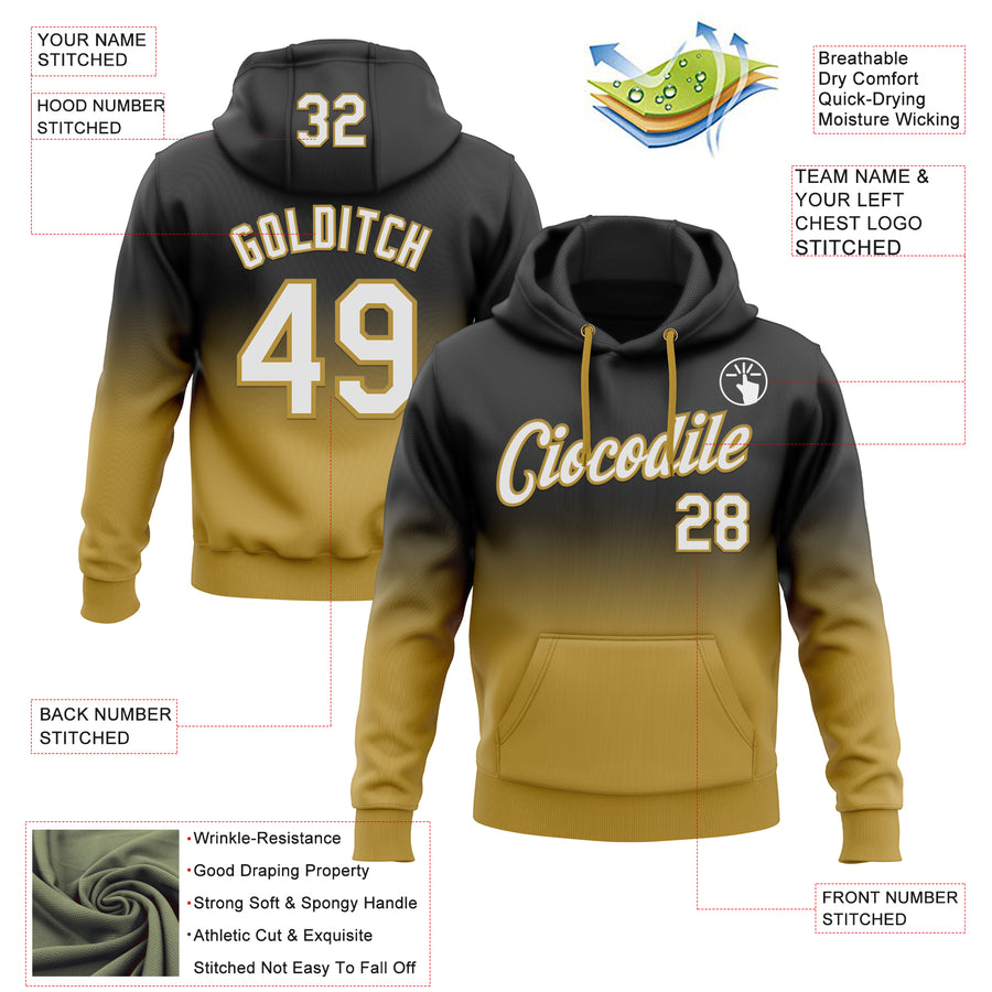 Custom Stitched Black White-Old Gold Fade Fashion Sports Pullover Sweatshirt Hoodie