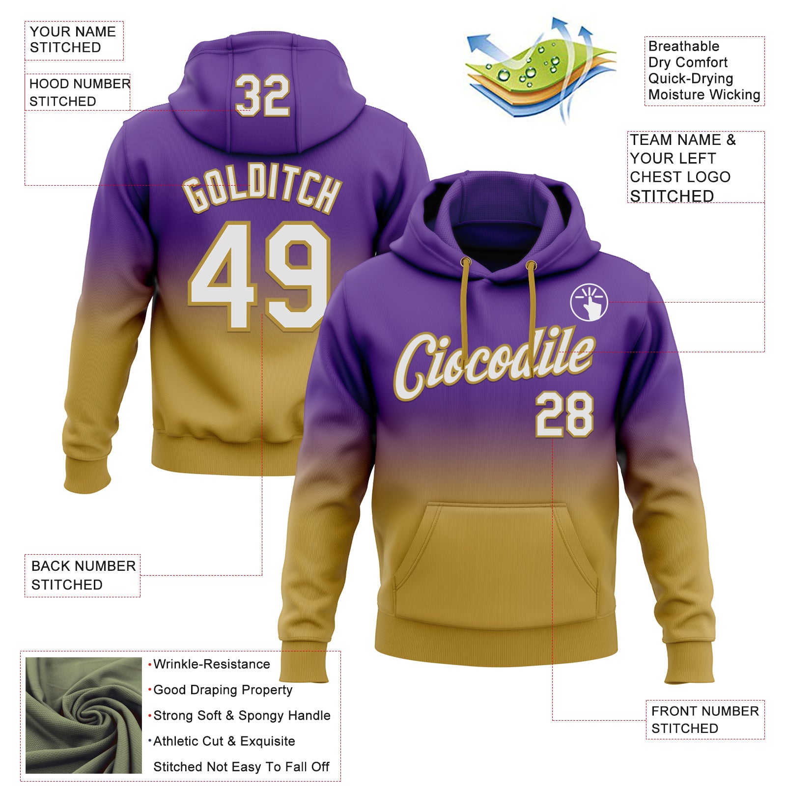 Custom Stitched Purple White-Old Gold Fade Fashion Sports Pullover Sweatshirt Hoodie
