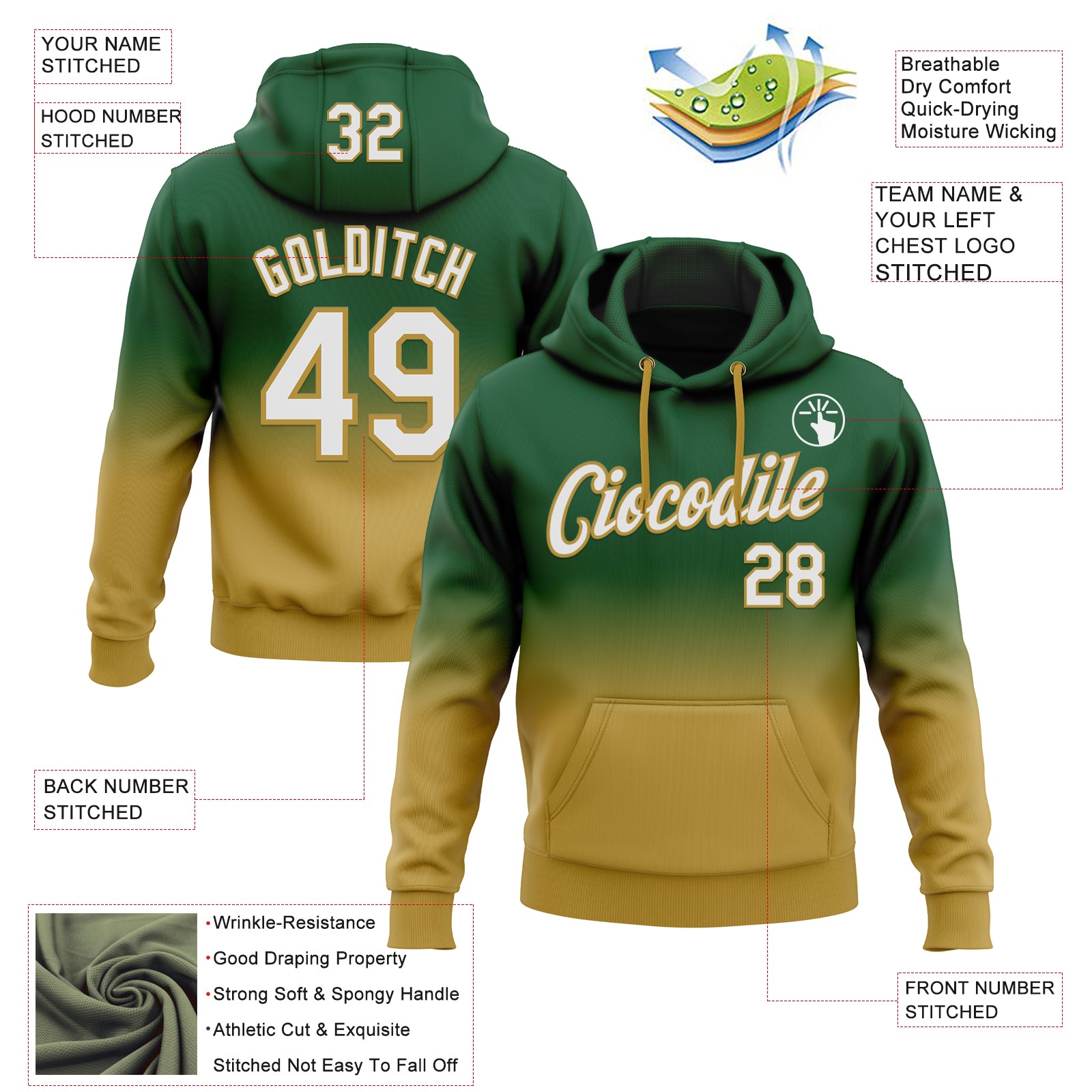 Custom Stitched Green White-Old Gold Fade Fashion Sports Pullover Sweatshirt Hoodie