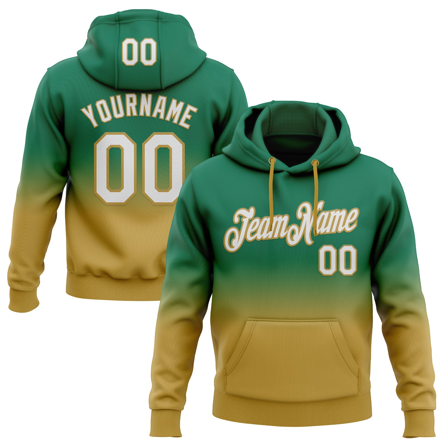 Custom Stitched Kelly Green White-Old Gold Fade Fashion Sports Pullover Sweatshirt Hoodie