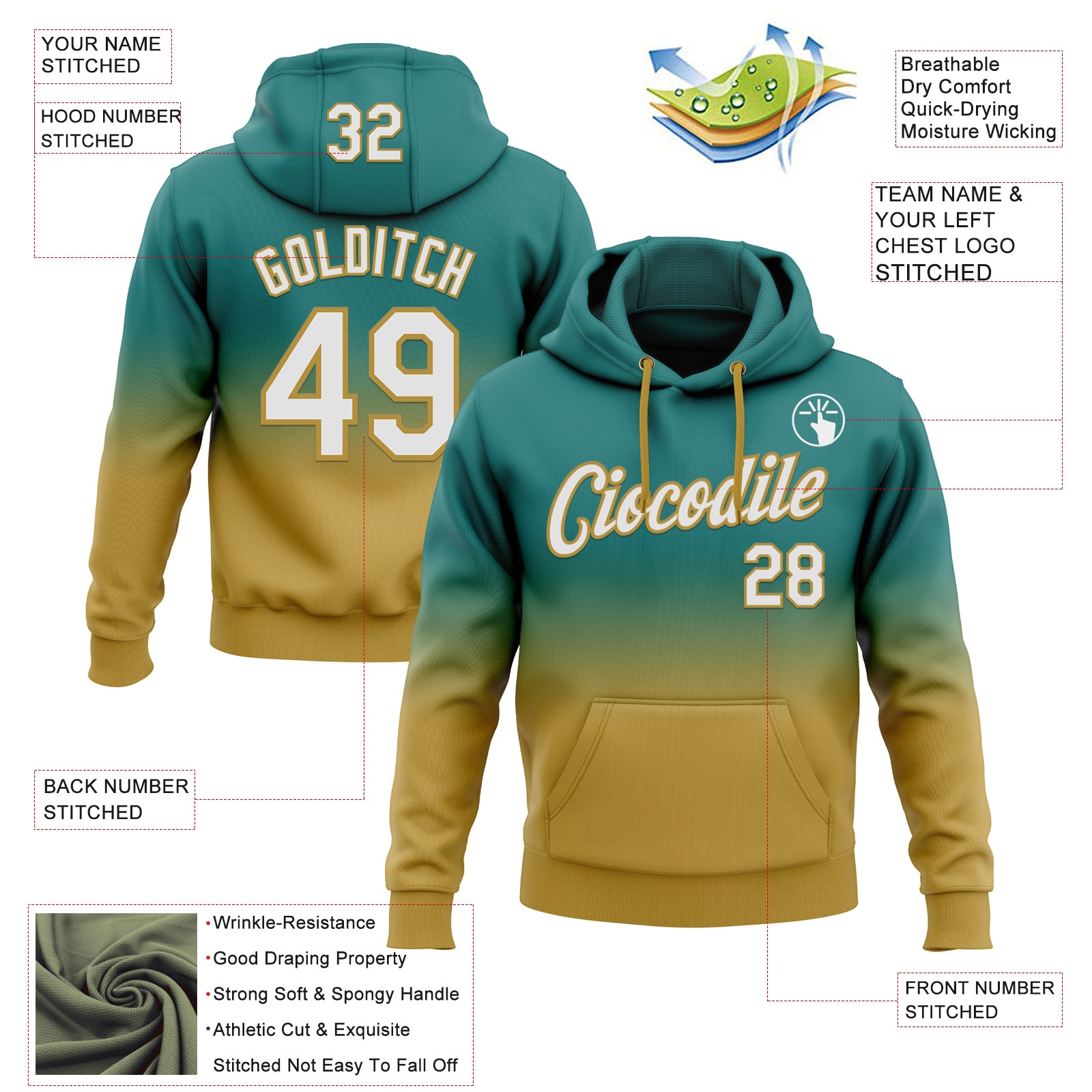 Custom Stitched Teal White-Old Gold Fade Fashion Sports Pullover Sweatshirt Hoodie