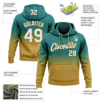 Custom Stitched Teal White-Old Gold Fade Fashion Sports Pullover Sweatshirt Hoodie
