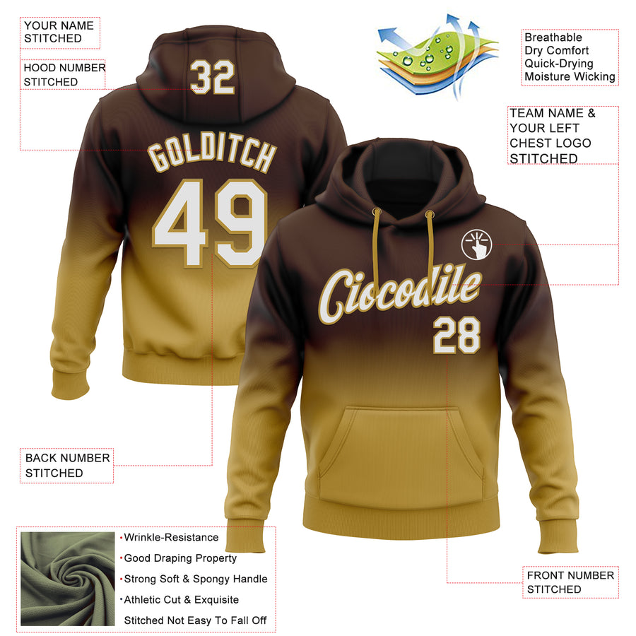 Custom Stitched Brown White-Old Gold Fade Fashion Sports Pullover Sweatshirt Hoodie