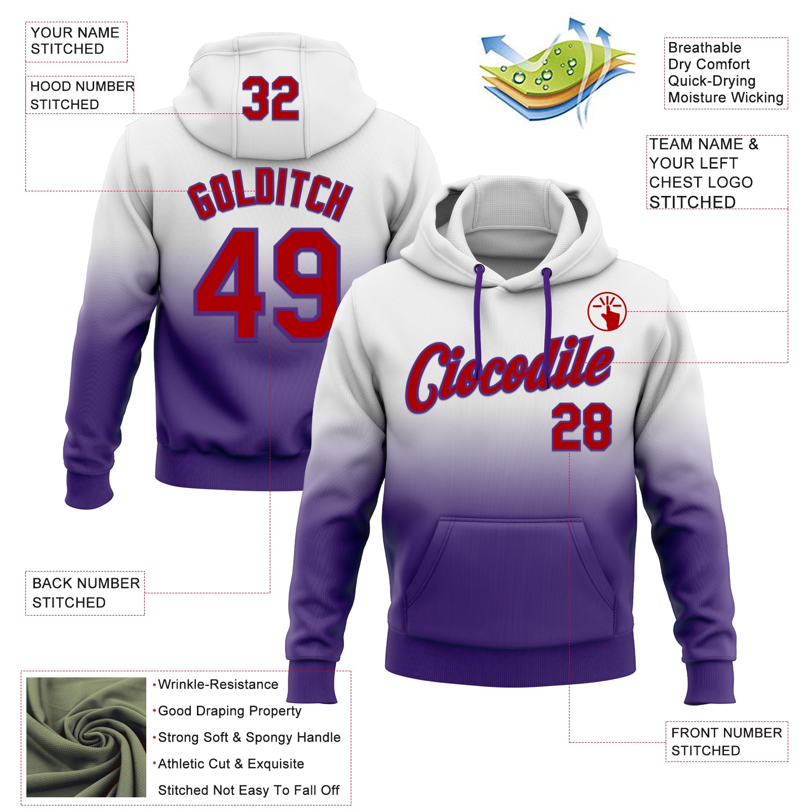 Custom Stitched White Red-Purple Fade Fashion Sports Pullover Sweatshirt Hoodie