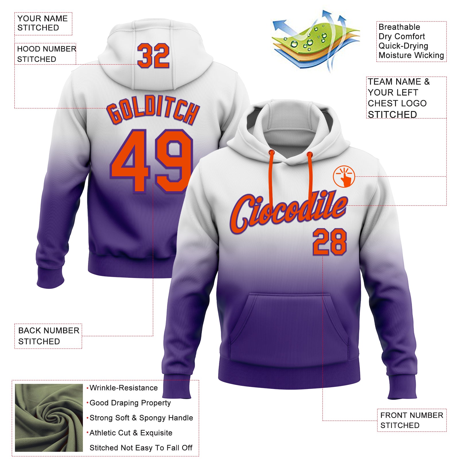 Custom Stitched White Orange-Purple Fade Fashion Sports Pullover Sweatshirt Hoodie