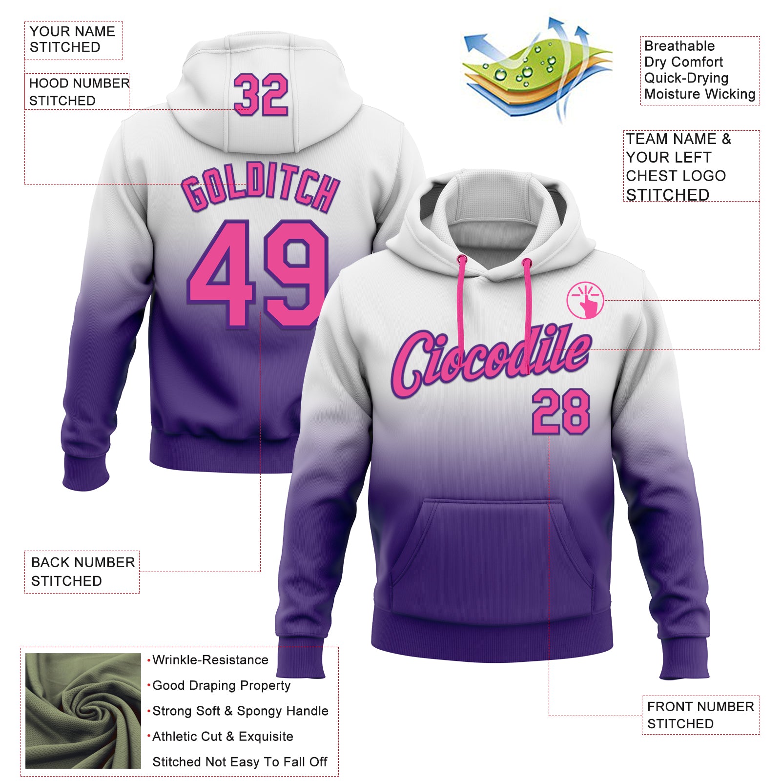 Custom Stitched White Pink-Purple Fade Fashion Sports Pullover Sweatshirt Hoodie