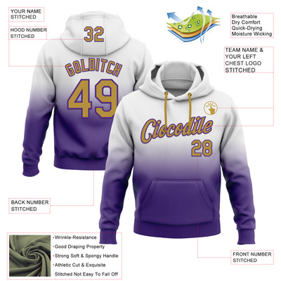 Custom Stitched White Old Gold-Purple Fade Fashion Sports Pullover Sweatshirt Hoodie