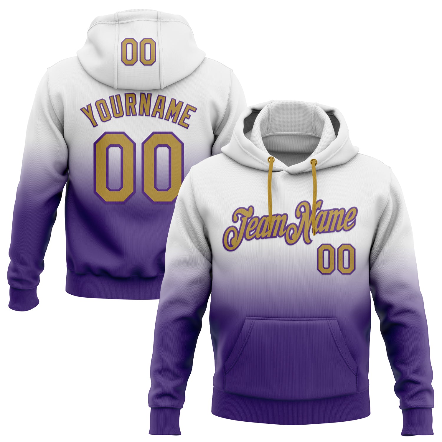 Custom Stitched White Old Gold-Purple Fade Fashion Sports Pullover Sweatshirt Hoodie