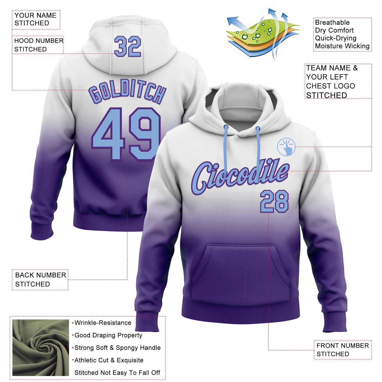 Custom Stitched White Light Blue-Purple Fade Fashion Sports Pullover Sweatshirt Hoodie