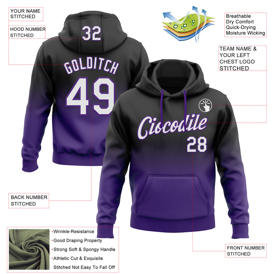 Custom Stitched Black White-Purple Fade Fashion Sports Pullover Sweatshirt Hoodie