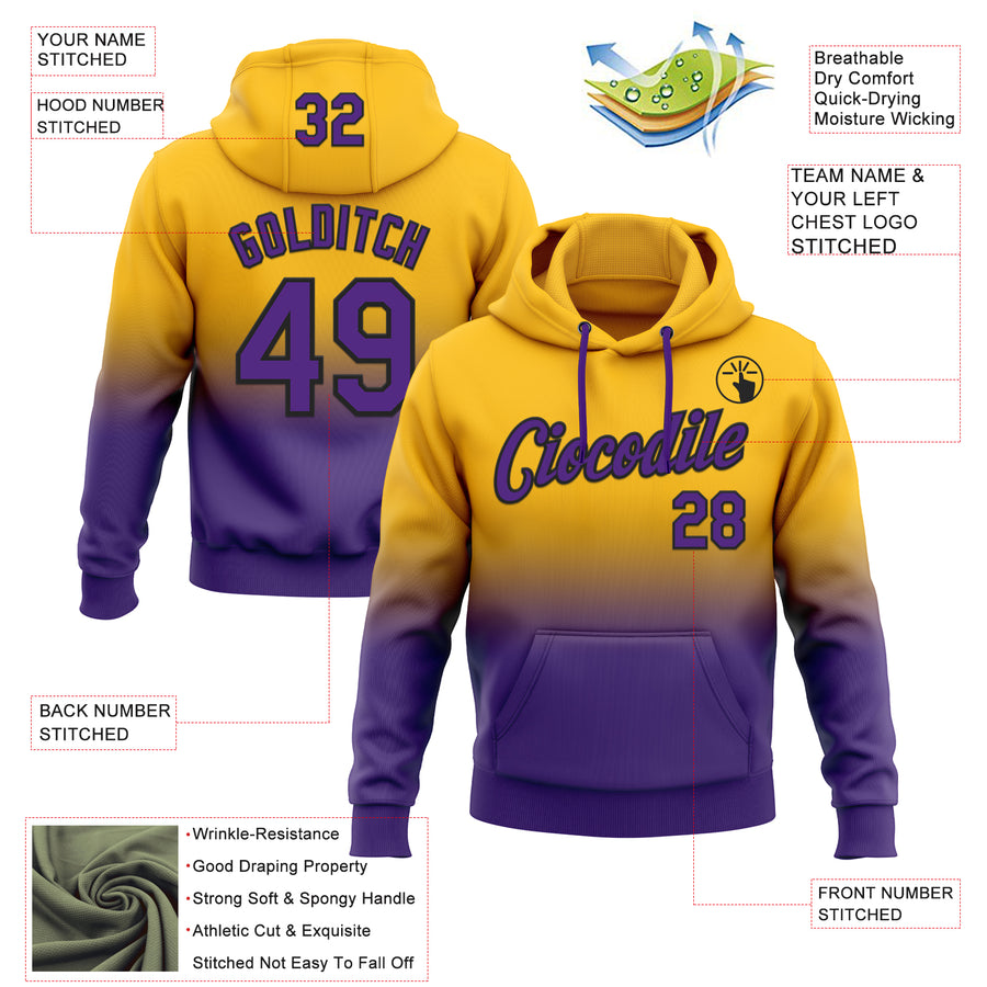 Custom Stitched Gold Purple-Black Fade Fashion Sports Pullover Sweatshirt Hoodie