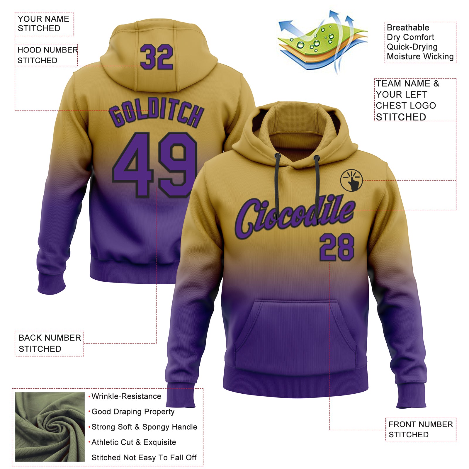 Custom Stitched Old Gold Purple-Black Fade Fashion Sports Pullover Sweatshirt Hoodie