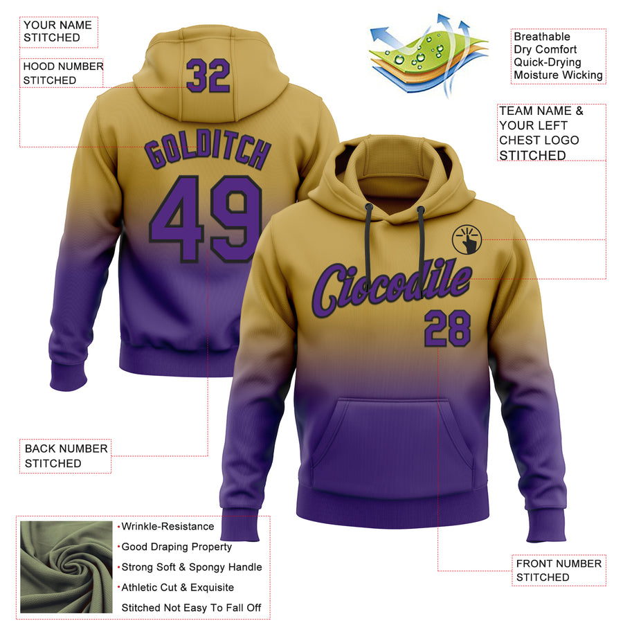 Custom Stitched Old Gold Purple-Black Fade Fashion Sports Pullover Sweatshirt Hoodie