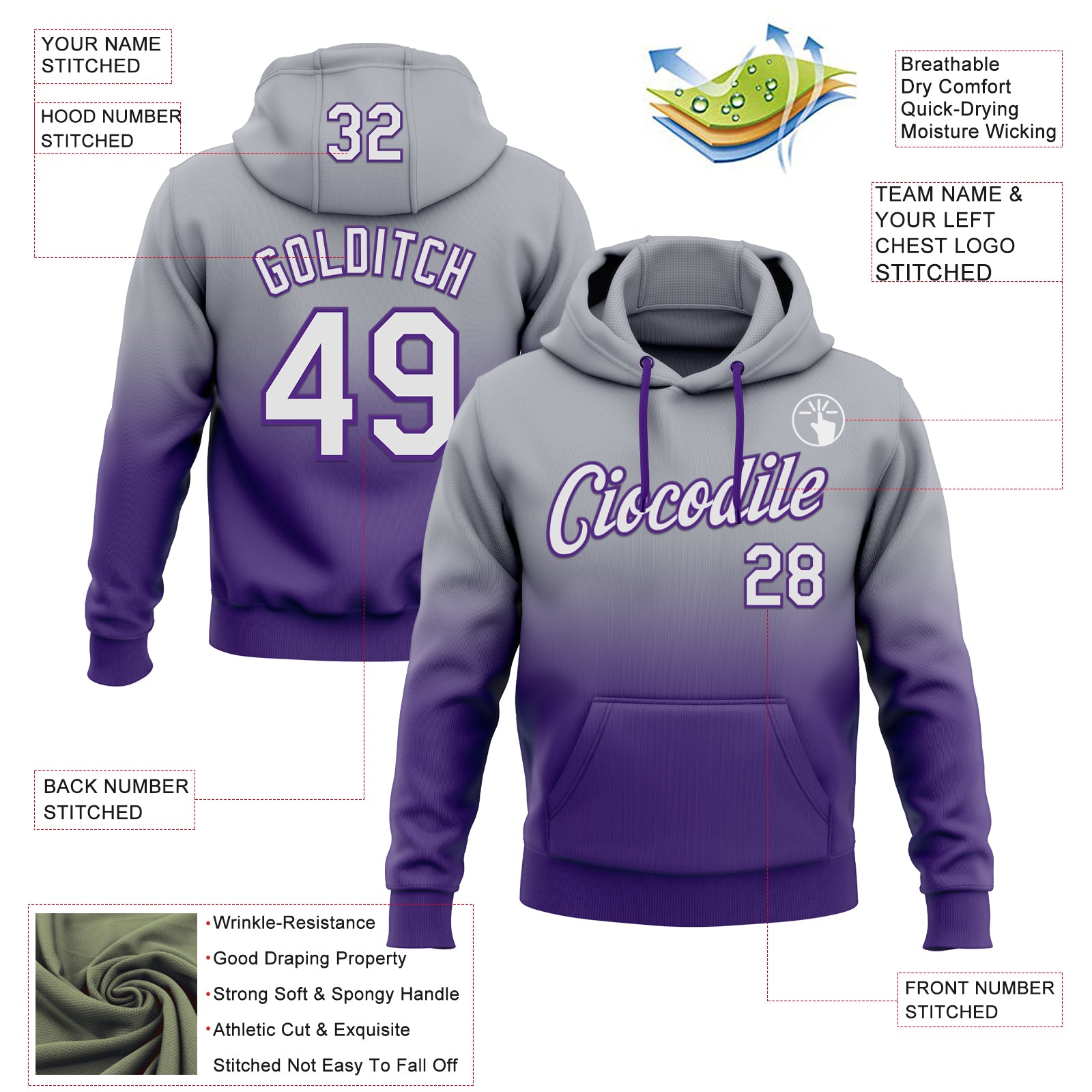 Custom Stitched Gray White-Purple Fade Fashion Sports Pullover Sweatshirt Hoodie