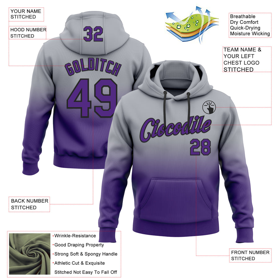 Custom Stitched Gray Purple-Black Fade Fashion Sports Pullover Sweatshirt Hoodie