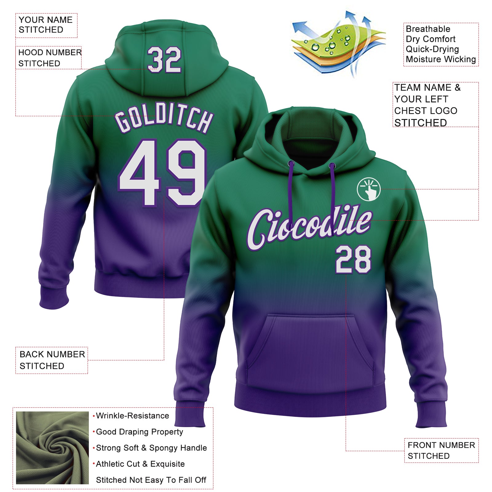 Custom Stitched Kelly Green White-Purple Fade Fashion Sports Pullover Sweatshirt Hoodie