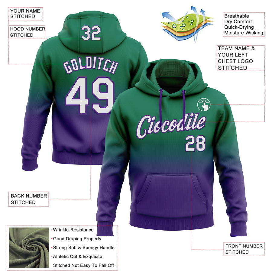 Custom Stitched Kelly Green White-Purple Fade Fashion Sports Pullover Sweatshirt Hoodie