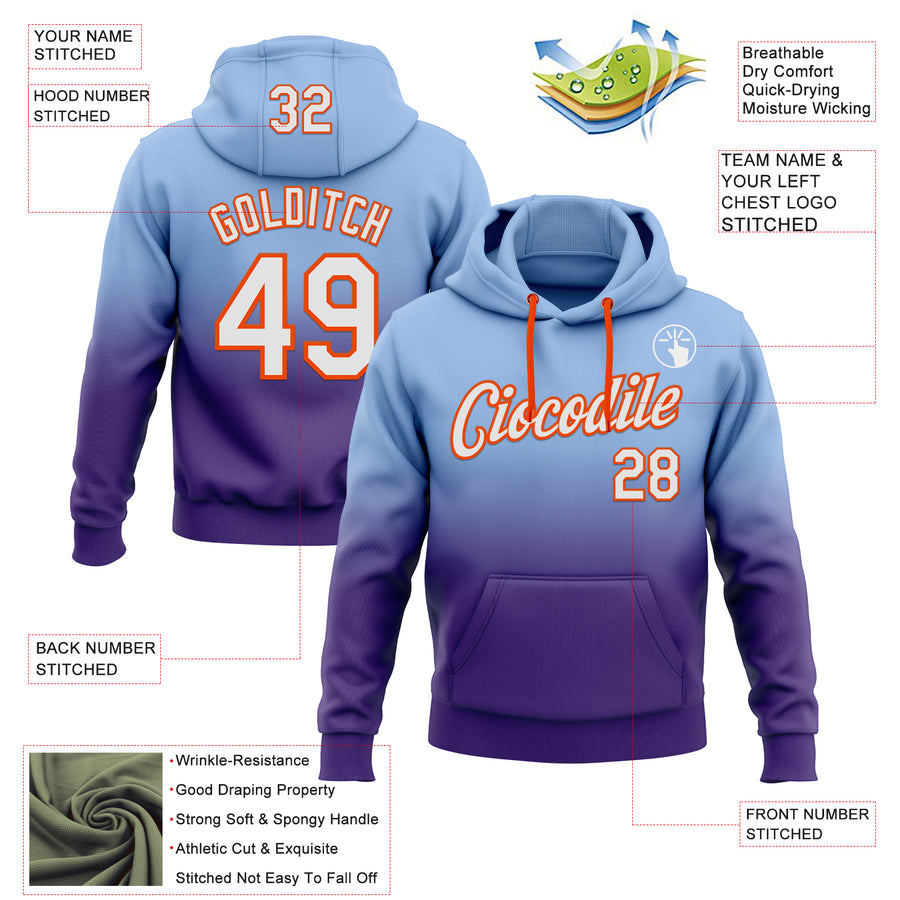 Custom Stitched Light Blue White Purple-Orange Fade Fashion Sports Pullover Sweatshirt Hoodie