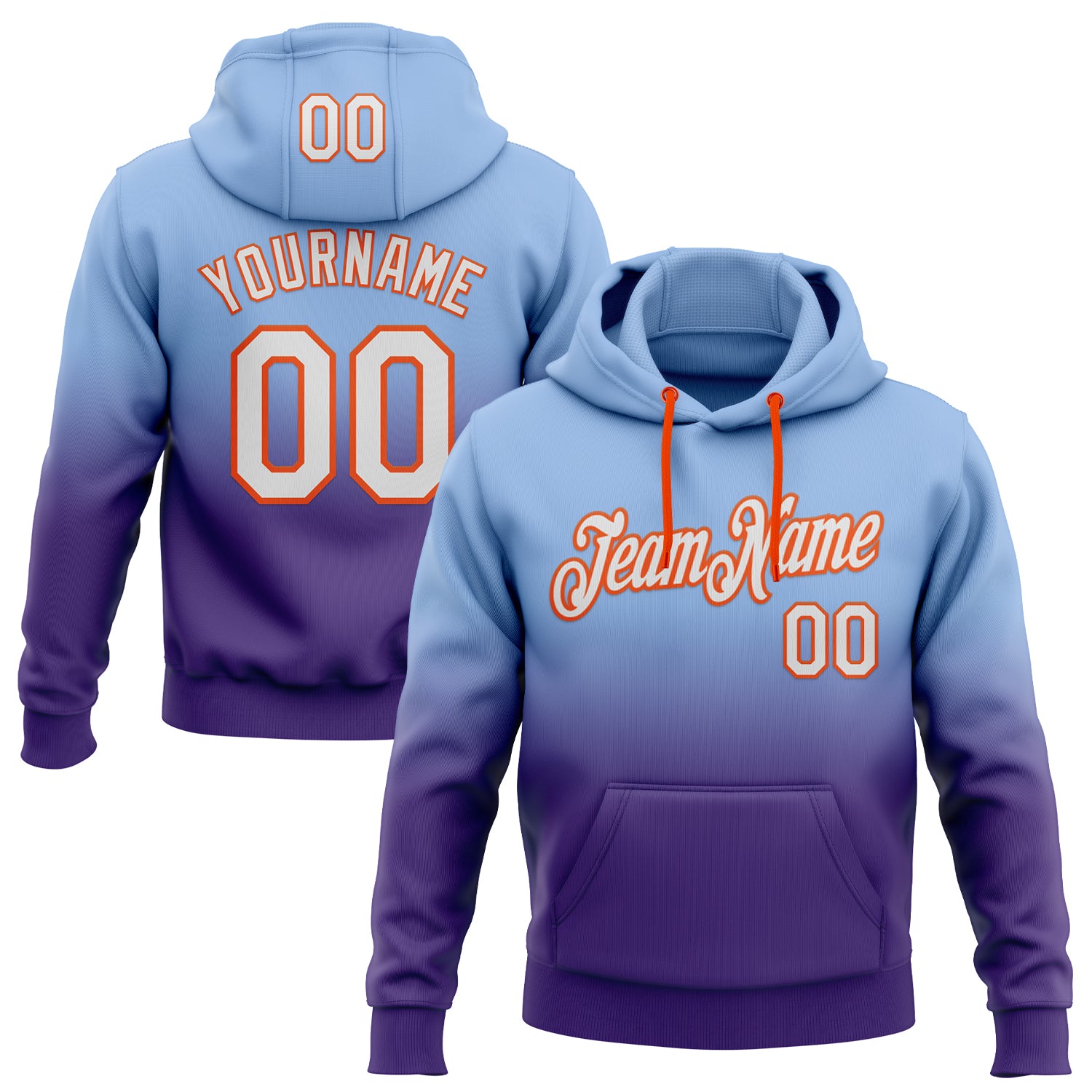 Custom Stitched Light Blue White Purple-Orange Fade Fashion Sports Pullover Sweatshirt Hoodie
