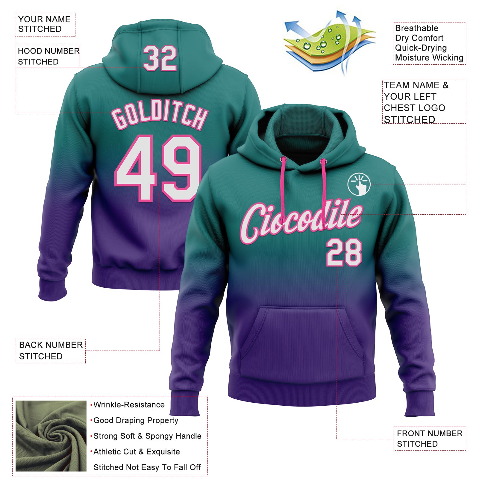 Custom Stitched Teal White Purple-Pink Fade Fashion Sports Pullover Sweatshirt Hoodie