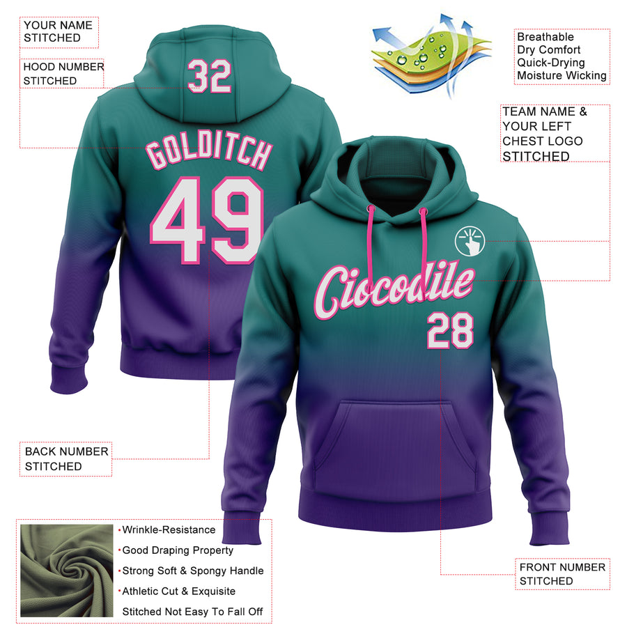 Custom Stitched Teal White Purple-Pink Fade Fashion Sports Pullover Sweatshirt Hoodie