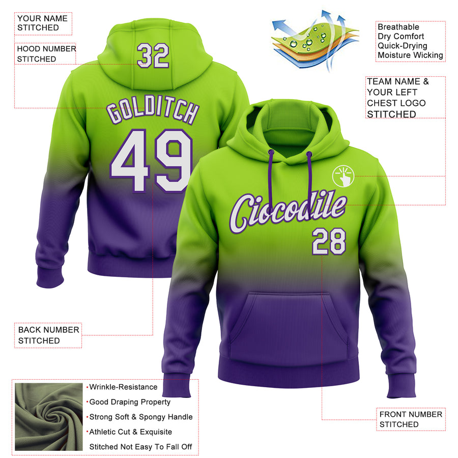 Custom Stitched Neon Green White-Purple Fade Fashion Sports Pullover Sweatshirt Hoodie