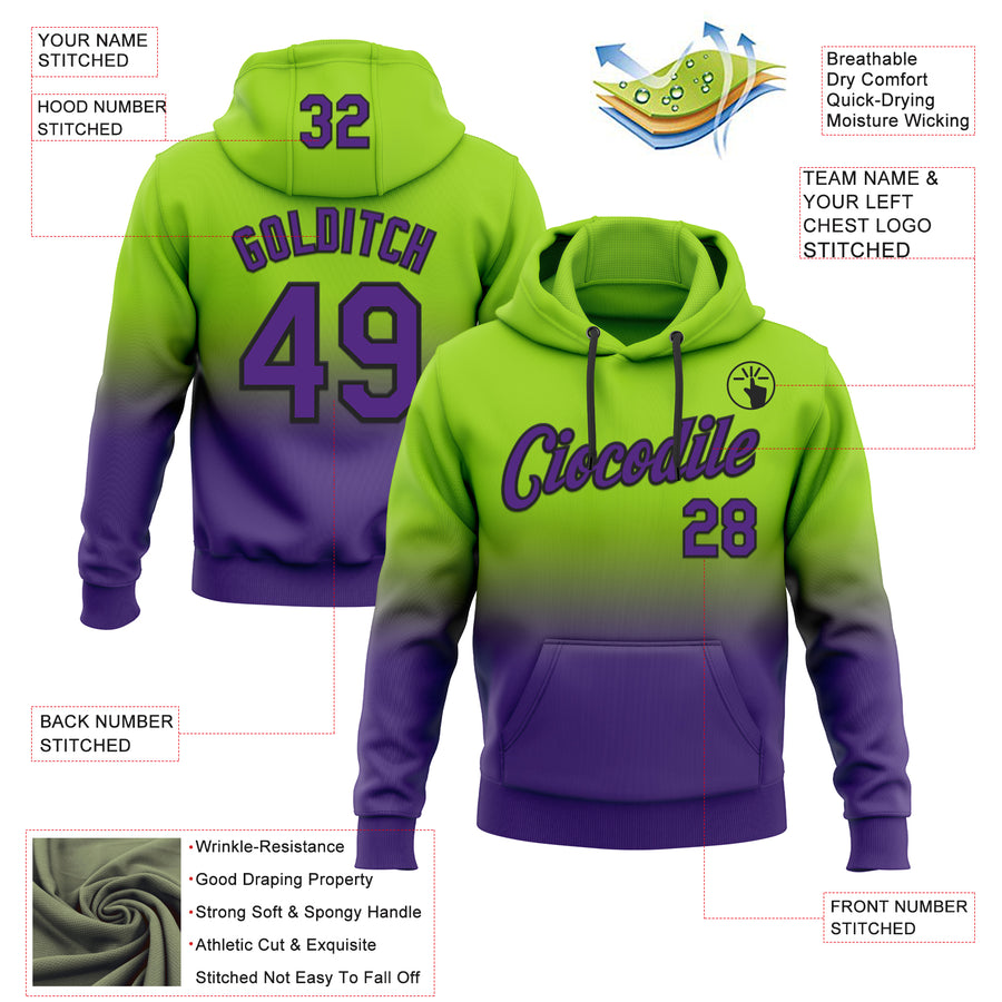 Custom Stitched Neon Green Purple-Black Fade Fashion Sports Pullover Sweatshirt Hoodie
