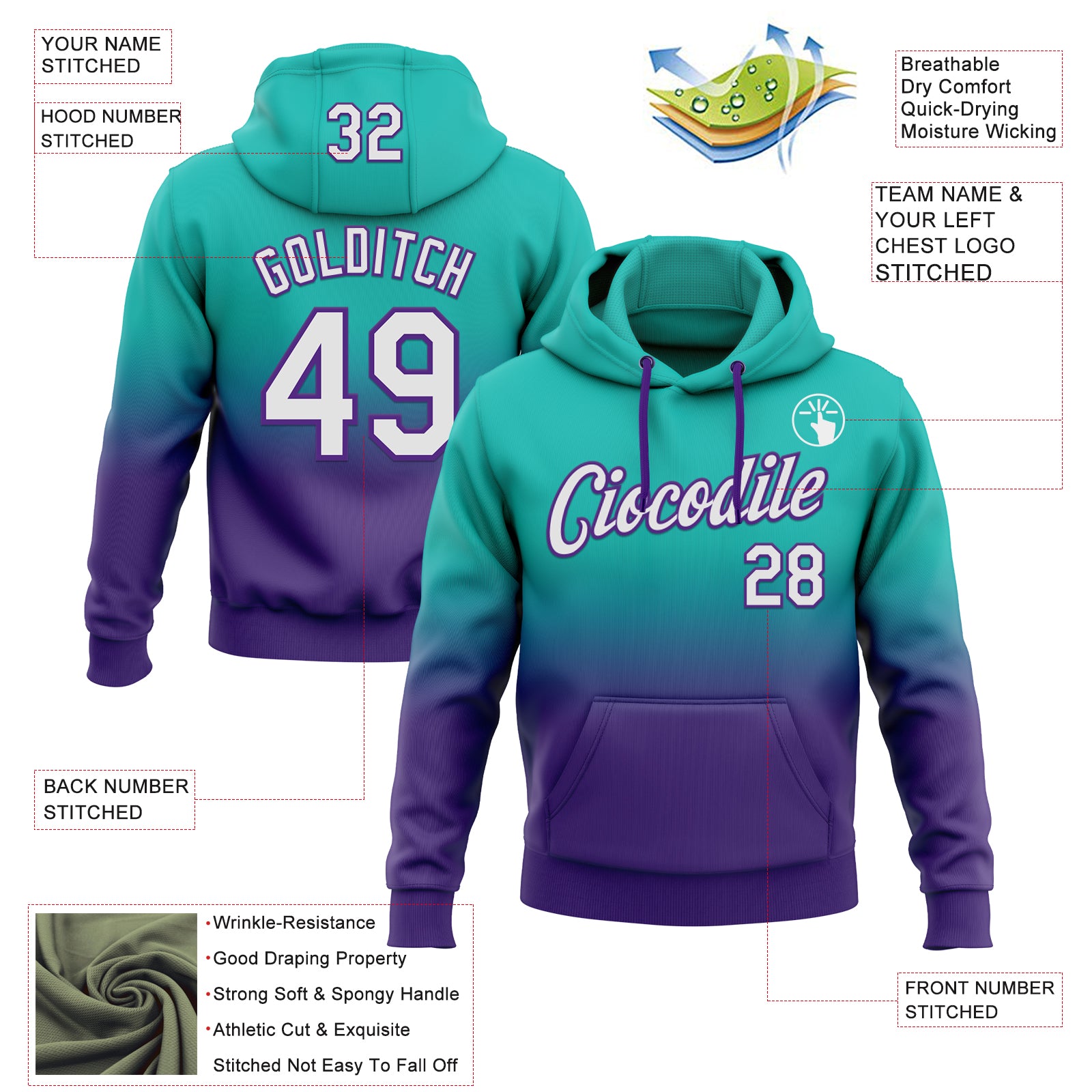 Custom Stitched Aqua White-Purple Fade Fashion Sports Pullover Sweatshirt Hoodie