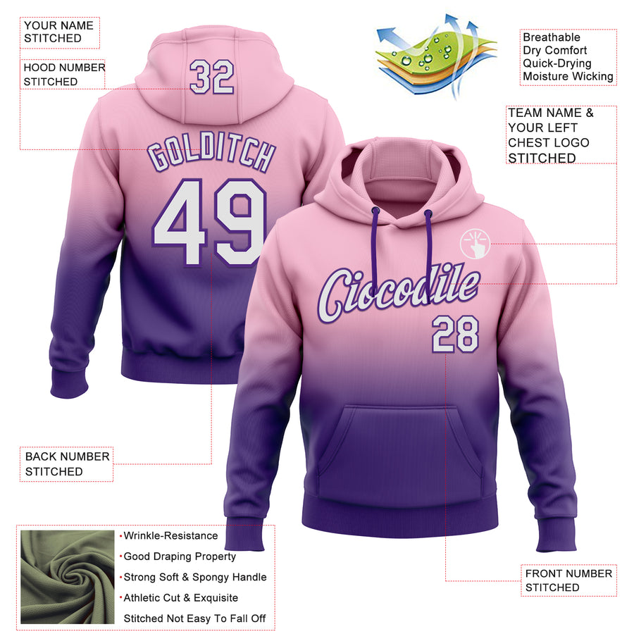 Custom Stitched Light Pink White-Purple Fade Fashion Sports Pullover Sweatshirt Hoodie