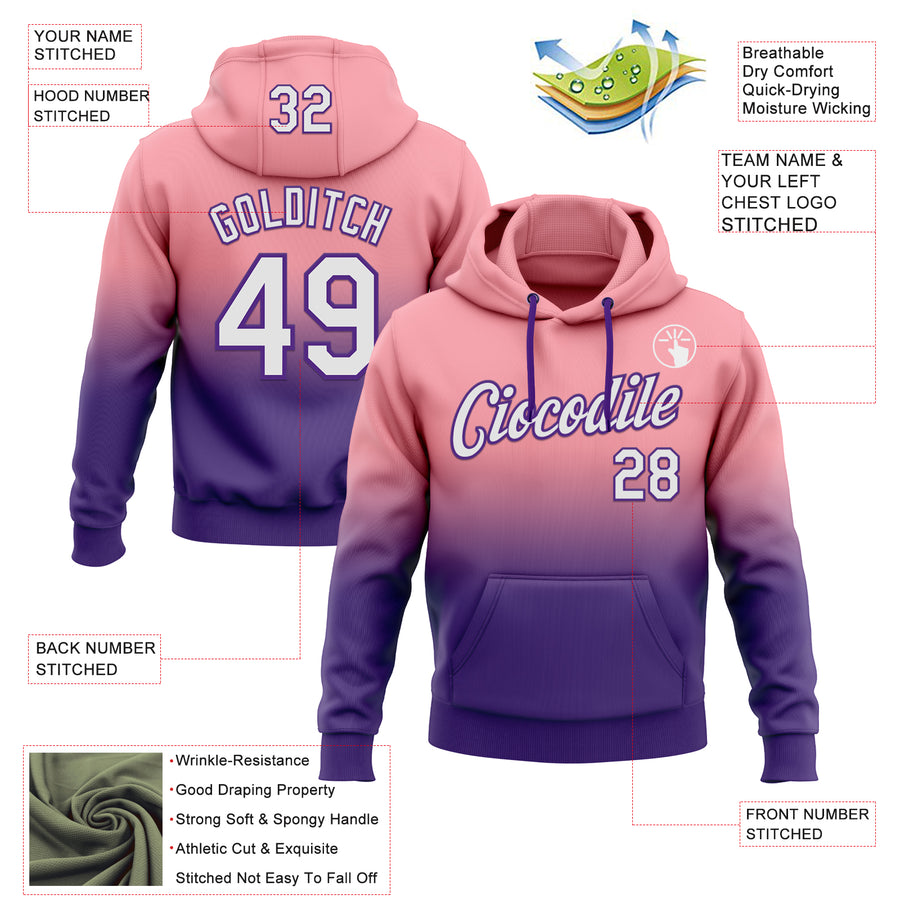 Custom Stitched Medium Pink White-Purple Fade Fashion Sports Pullover Sweatshirt Hoodie