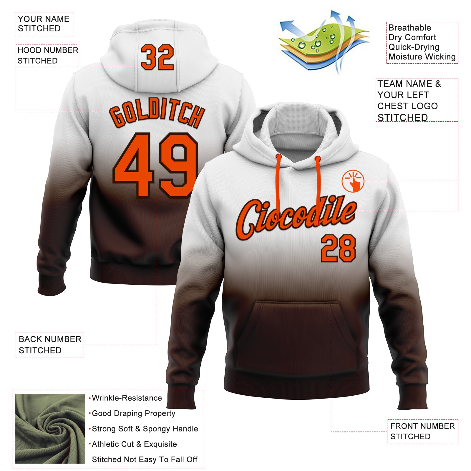 Custom Stitched White Orange-Brown Fade Fashion Sports Pullover Sweatshirt Hoodie