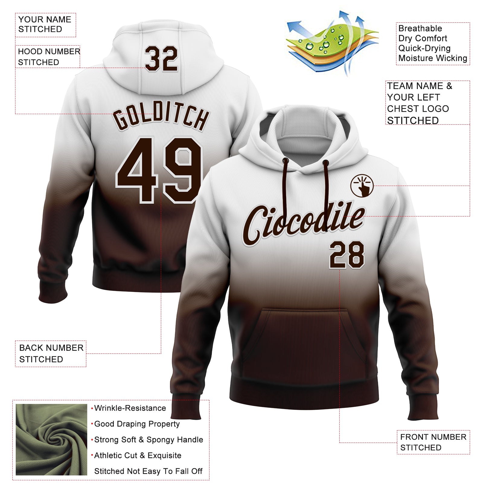 Custom Stitched White Brown Fade Fashion Sports Pullover Sweatshirt Hoodie