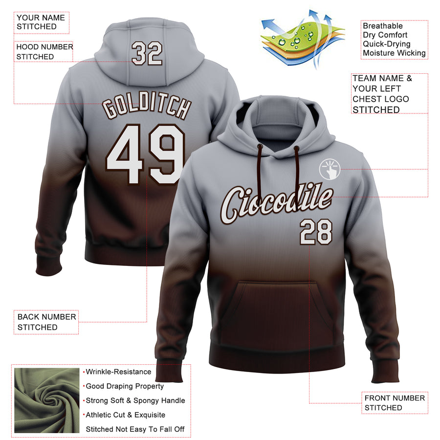 Custom Stitched Gray White-Brown Fade Fashion Sports Pullover Sweatshirt Hoodie
