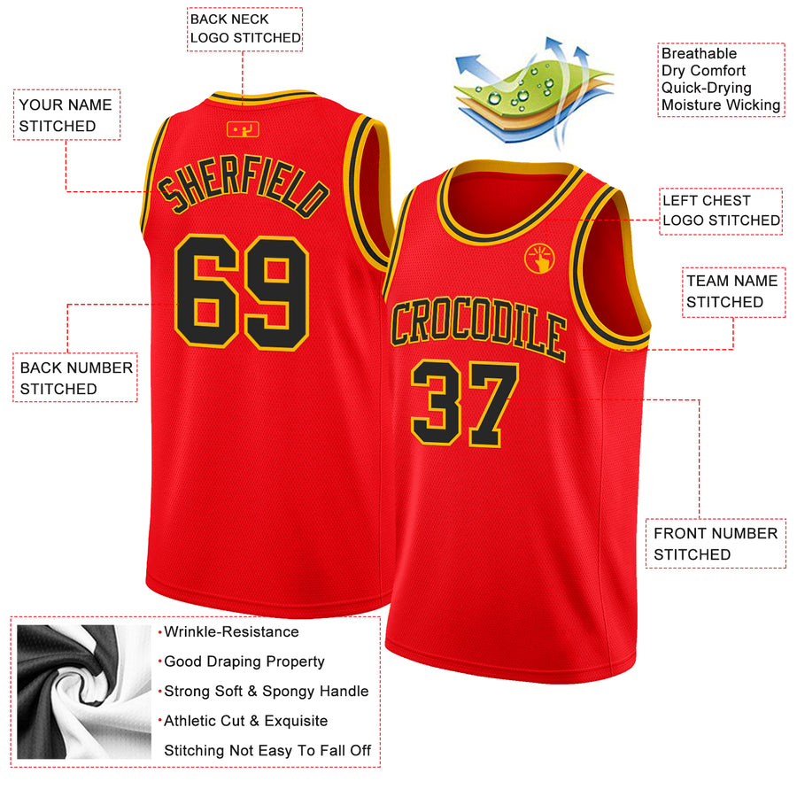 Custom Fire Red Black-Gold Authentic Basketball Jersey