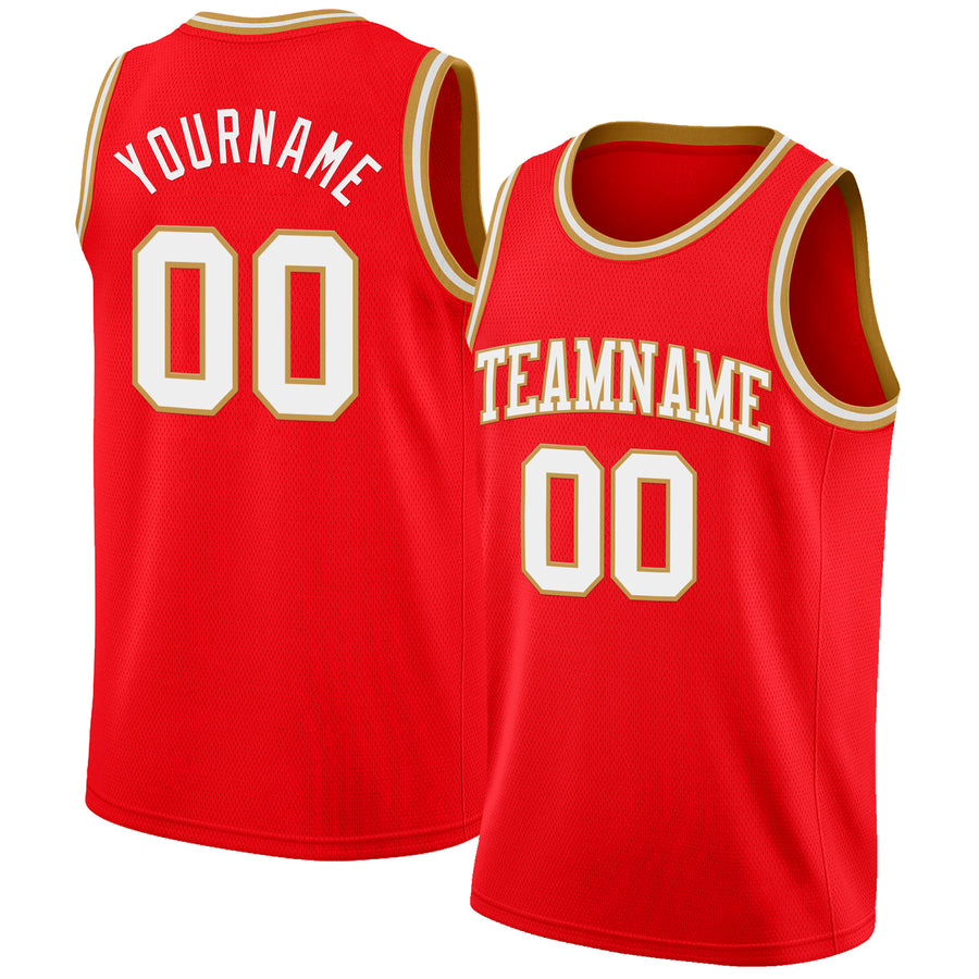 Custom Fire Red White-Old Gold Authentic Basketball Jersey